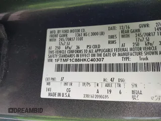 2017 Ford F-150 XL with VIN 1FTMF1C88HKC40307, listed as a IAAI auction lot 41902985 with 152,242 mi miles and . Bid and sale history available at DreamBid. Image 9.