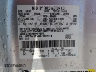 2010 Ford F-150 XL with VIN 1FTFW1EV0AFC02614, listed as a Copart auction lot 58043545 with 138,149 mi miles and Salvage title. Bid and sale history available at DreamBid. Image 12.