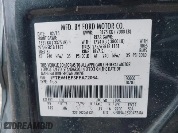 2015 Ford F-150 XLT with VIN 1FTEW1EF3FFA72064, listed as a IAAI auction lot 41888490 with 112,195 mi miles and . Bid and sale history available at DreamBid. Image 9.