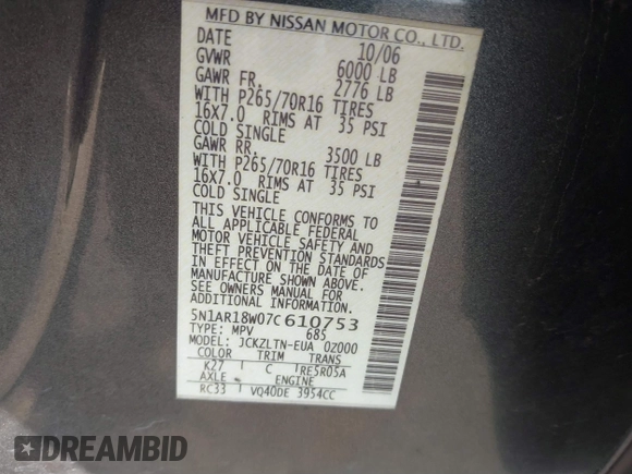 2007 Nissan Pathfinder SE z VIN 5N1AR18W07C610753, wystawiony jako IAAI lot #41733415 z przebiegiem Nie podano mil oraz . Historia ofert i sprzedaży dostępna na DreamBid. Obrazek 9.