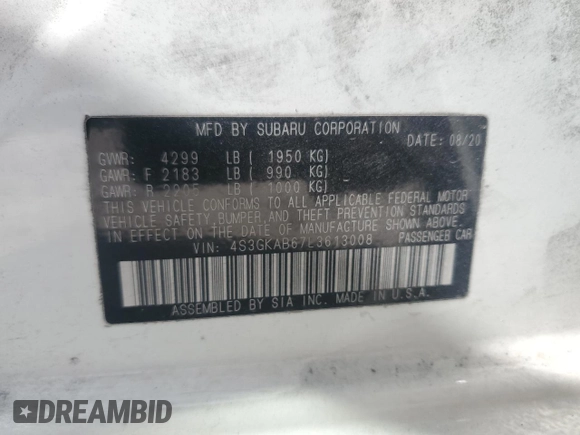 2020 Subaru Impreza z VIN 4S3GKAB67L3613008, wystawiony jako Copart lot #49740215 z przebiegiem 29 694 mil mil oraz Szkoda całkowita • Salvage title. Historia ofert i sprzedaży dostępna na DreamBid. Obrazek 12.
