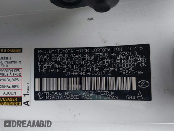 2015 Lexus RC F F z VIN JTHHP5BC9F5001712, wystawiony jako IAAI lot #42260828 z przebiegiem 48 802 mil mil oraz . Historia ofert i sprzedaży dostępna na DreamBid. Obrazek 9.
