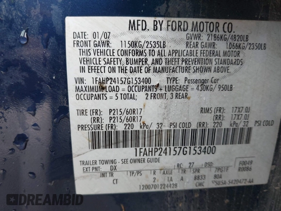 2007 Ford Five Hundred SEL with VIN 1FAHP24157G153400, listed as a IAAI auction lot 41496444 with 215,285 mi miles. Bid and sale history available at carsss.com. Image 9.