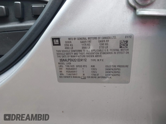 2012 Chevrolet Equinox 2LT z VIN 2GNALPEK2C1224112, wystawiony jako IAAI lot #42135202 z przebiegiem 161 083 mil mil oraz . Historia ofert i sprzedaży dostępna na DreamBid. Obrazek 9.