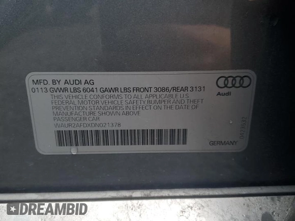 2013 Audi A8 L 4.0L with VIN WAUR2AFDXDN021378, listed as a Copart auction lot 50455095 with 110,722 mi miles and Salvage Title. Bid and sale history available at carsss.com. Image 12.
