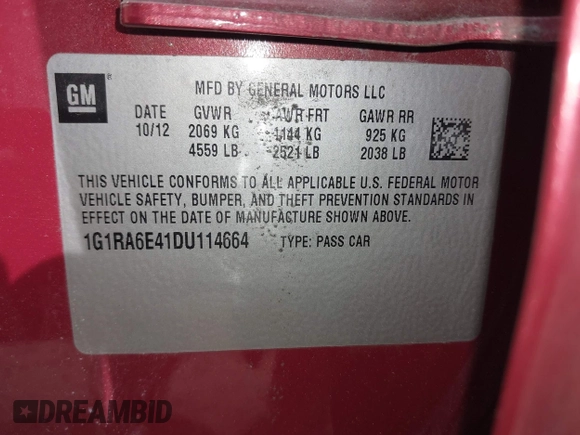 2013 Chevrolet Volt with VIN 1G1RA6E41DU114664, listed as a IAAI auction lot 42176649 with 195,831 mi miles and . Bid and sale history available at DreamBid. Image 9.