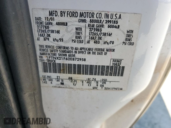 2002 Ford F-250 XL с VIN 1FTNX21F62EB72958, выставлен на аукционе Copart как лот 64620005 с пробегом 167 707 миль миль и Списание • Salvage title. История ставок и продаж доступна на DreamBid. Изображение 12.