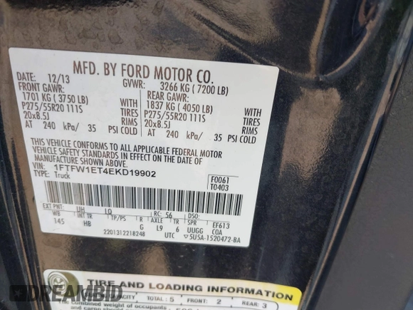 2014 Ford F-150 XL with VIN 1FTFW1ET4EKD19902, listed as a IAAI auction lot 41785376 with 175,762 mi miles. Bid and sale history available at carsss.com. Image 9.