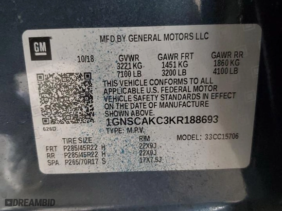 2019 Chevrolet Tahoe LS with VIN 1GNSCAKC3KR188693, listed as a Copart auction lot 51170875 with 99,161 mi miles and Salvage Title. Bid and sale history available at carsss.com. Image 13.