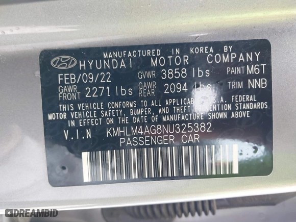 2022 Hyundai Elantra Essential with VIN KMHLM4AG8NU325382, listed as a IAAI auction lot 41503533 with 65,631 mi miles. Bid and sale history available at carsss.com. Image 9.