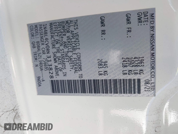 2024 Nissan Altima SR with VIN 1N4BL4CV0RN313828, listed as a IAAI auction lot 42172052 with 5,279 mi miles and . Bid and sale history available at DreamBid. Image 9.