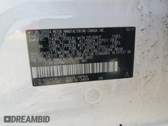 2011 Toyota RAV4 with VIN 2T3BF4DV9BW131723, listed as a Copart auction lot 50351795 with 103,657 mi miles and Salvage Title. Bid and sale history available at DreamBid. Image 14.