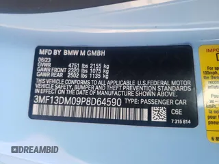 2023 BMW M2 with VIN 3MF13DM09P8D64590, listed as a Copart auction lot 44080105 with 0 mi miles and Salvage Title. Bid and sale history available at carsss.com. Image 12.