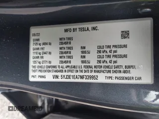 2022 Tesla Model 3 with VIN 5YJ3E1EA7NF339952, listed as a IAAI auction lot 38007332 with 10,726 mi miles. Bid and sale history available at carsss.com. Image 9.