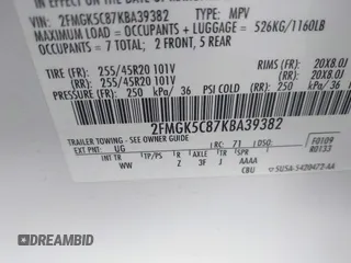 2019 Ford Flex SEL z VIN 2FMGK5C87KBA39382, wystawiony jako IAAI lot #42085354 z przebiegiem 73 273 mil mil oraz . Historia ofert i sprzedaży dostępna na DreamBid. Obrazek 9.