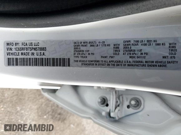 2023 Ram 1500 Big Horn with VIN 1C6SRFBT5PN578883, listed as a Copart auction lot 48968205 with 28,181 mi miles and Salvage Title. Bid and sale history available at carsss.com. Image 14.