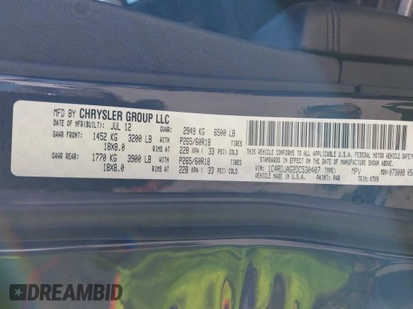 2013 Dodge Durango SXT with VIN 1C4RDJAG2DC530407, listed as a IAAI auction lot 41837441 with 133,375 mi miles and . Bid and sale history available at DreamBid. Image 9.