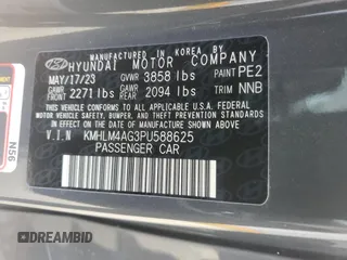 2023 Hyundai Elantra SEL with VIN KMHLM4AG3PU588625, listed as a Copart auction lot 54738485 with 19,756 mi miles and Salvage title. Bid and sale history available at DreamBid. Image 13.