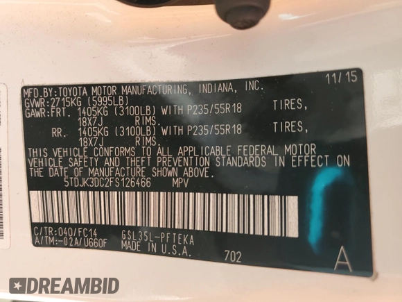 2015 Toyota Sienna LE with VIN 5TDJK3DC2FS126466, listed as a Copart auction lot 61165105 with 56,634 mi miles and Salvage title. Bid and sale history available at DreamBid. Image 14.