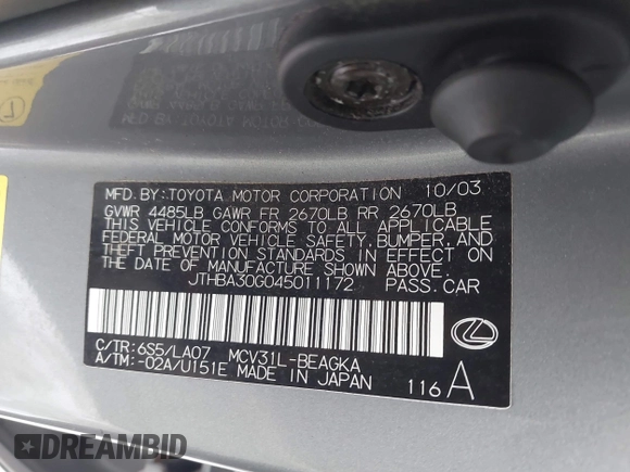 2004 Lexus ES 350 with VIN JTHBA30G045011172, listed as a IAAI auction lot 41377711 with 204,243 mi miles and . Bid and sale history available at DreamBid. Image 9.
