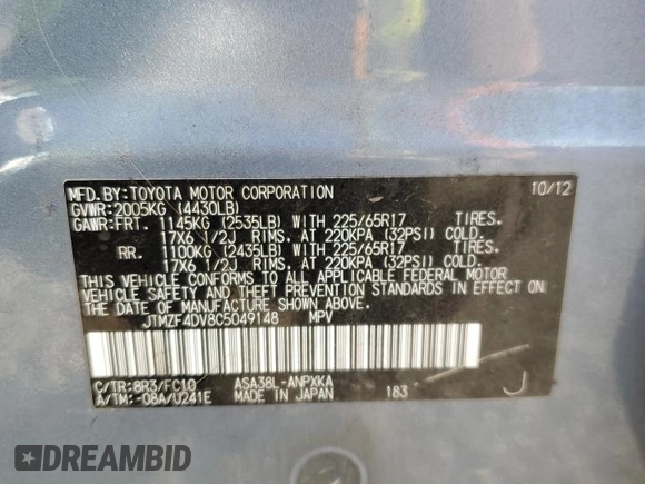 2012 Toyota RAV4 with VIN JTMZF4DV8C5049148, listed as a Copart auction lot 52896195 with 140,642 mi miles and Salvage Title. Bid and sale history available at carsss.com. Image 15.
