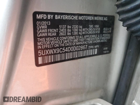2013 BMW X3 xDrive28i with VIN 5UXWX9C54D0D02867, listed as a Copart auction lot 44048615 with 178,971 mi miles and Salvage Title. Bid and sale history available at carsss.com. Image 13.