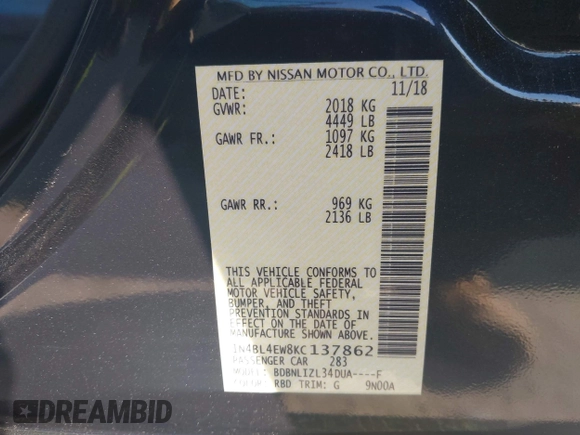 2019 Nissan Altima SL with VIN 1N4BL4EW8KC137862, listed as a IAAI auction lot 41765282 with 54,742 mi miles and . Bid and sale history available at carsss.com. Image 9.