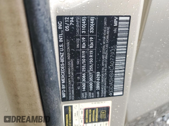 2012 Mercedes-Benz M ML 350 with VIN 4JGDA5HB4CA077935, listed as a Copart auction lot 45930305 with Not Provided miles and Non Repairable. Bid and sale history available at carsss.com. Image 15.