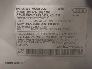 2019 Audi Q5 Premium with VIN WA1ANAFY6K2089034, listed as a IAAI auction lot 41483750 with 58,425 mi miles. Bid and sale history available at carsss.com. Image 9.