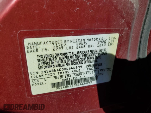2008 Nissan Sentra S with VIN 3N1AB61E08L666899, listed as a Copart auction lot 67688003 with Not Provided miles and Salvage Title. Bid and sale history available at DreamBid. Image 12.