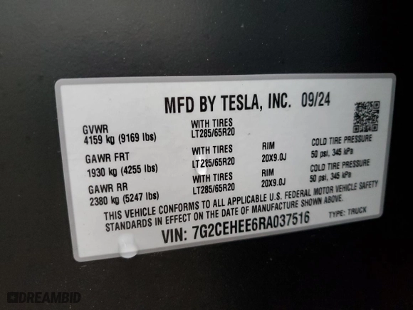 2024 Tesla Cybertruck Cyberbeast with VIN 7G2CEHEE6RA037516, listed as a Copart auction lot 85921324 with NaN miles and Salvage Title. Bid and sale history available at carsss.com. Image 14.