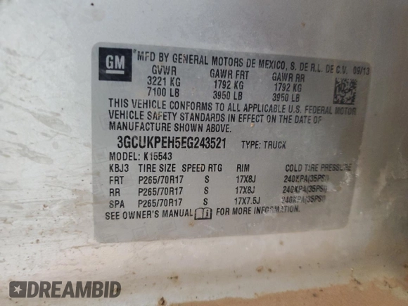 2014 Chevrolet Silverado 1500 Work Truck with VIN 3GCUKPEH5EG243521, listed as a Copart auction lot 86210854 with Not Provided miles and Salvage Title. Bid and sale history available at DreamBid. Image 12.