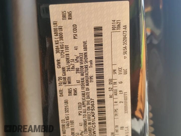2020 Ford F-150 XL with VIN 1FTEW1C51LKF53637, listed as a Copart auction lot 54132605 with 27,132 mi miles and Salvage title. Bid and sale history available at DreamBid. Image 12.
