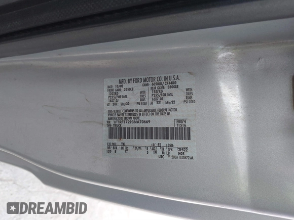 2003 Ford F-150 XL with VIN 1FTRF17293NA70669, listed as a IAAI auction lot 41435810 with 160,767 mi miles and . Bid and sale history available at DreamBid. Image 9.