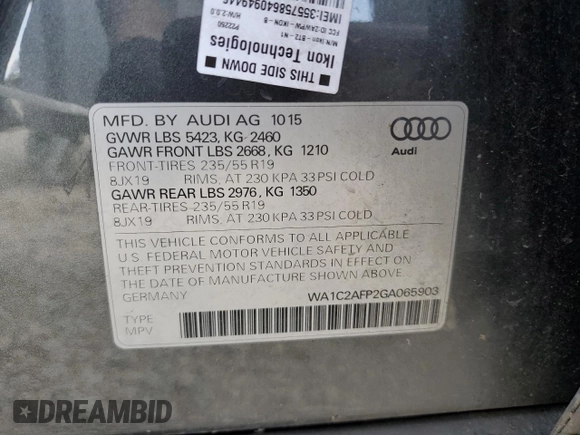 2016 Audi Q5 Premium with VIN WA1C2AFP2GA065903, listed as a Copart auction lot 55663705 with 114,519 mi miles and Salvage title. Bid and sale history available at DreamBid. Image 13.