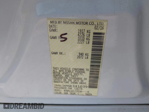 2016 Nissan Altima 2.5 S with VIN 1N4AL3AP4GN341039, listed as a IAAI auction lot 39454102 with 93,580 mi miles. Bid and sale history available at carsss.com. Image 9.