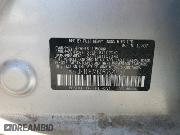 2008 Subaru Impreza WRX с VIN JF1GE74608G520182, выставлен на аукционе Copart как лот 76924504 с пробегом 102 644 миль миль и Чистый • Clean title. История ставок и продаж доступна на DreamBid. Изображение 12.