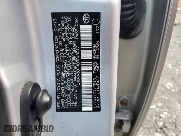 2013 Toyota Prius with VIN JTDKN3DPXD3045017, listed as a Copart auction lot 50218405 with 158,809 mi miles and Salvage Title. Bid and sale history available at DreamBid. Image 12.