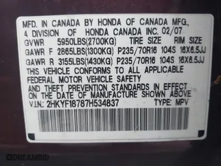 2007 Honda Pilot EX-L with VIN 2HKYF18787H534837, listed as a IAAI auction lot 41861438 with 199,355 mi miles. Bid and sale history available at carsss.com. Image 9.