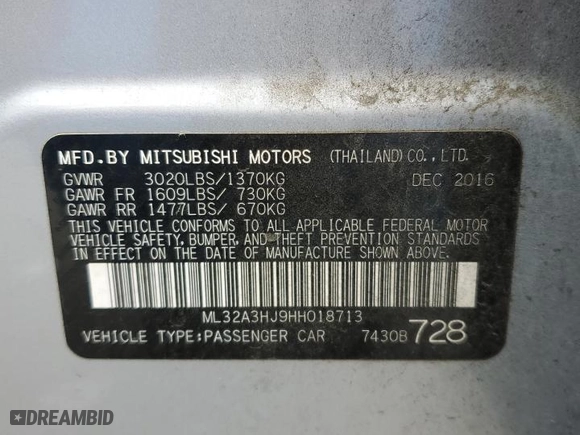 2017 Mitsubishi Mirage ES with VIN ML32A3HJ9HH018713, listed as a Copart auction lot 50985375 with 80,114 mi miles and Salvage Title. Bid and sale history available at carsss.com. Image 12.