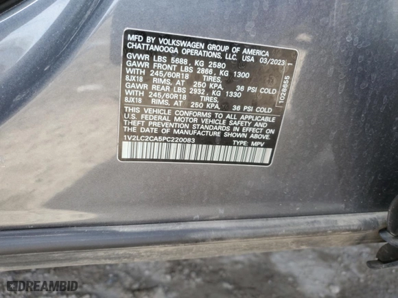 2023 Volkswagen Atlas Cross Sport 2.0T SE with VIN 1V2LC2CA5PC220083, listed as a Copart auction lot 43149255 with 24,816 mi miles and Salvage Title. Bid and sale history available at carsss.com. Image 13.