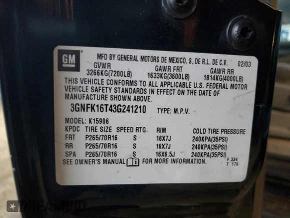 2003 Chevrolet Suburban Z71 z VIN 3GNFK16T43G241210, wystawiony jako Copart lot #86017624 z przebiegiem 217 506 mil mil oraz Szkoda całkowita • Salvage title. Historia ofert i sprzedaży dostępna na DreamBid. Obrazek 13.