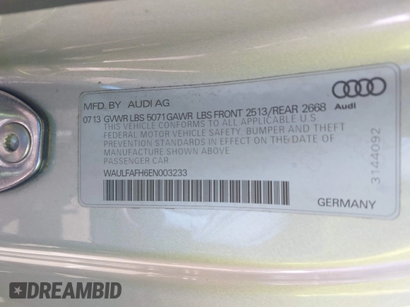 2014 Audi A5 Premium Plus z VIN WAULFAFH6EN003233, wystawiony jako IAAI lot #42178794 z przebiegiem 59 860 mil mil oraz . Historia ofert i sprzedaży dostępna na DreamBid. Obrazek 9.