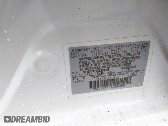 2013 Nissan Versa SV z VIN 3N1CN7AP0DL824093, wystawiony jako IAAI lot #41962416 z przebiegiem 132 846 mil mil oraz . Historia ofert i sprzedaży dostępna na DreamBid. Obrazek 9.