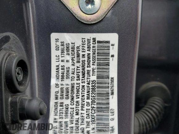 2016 Honda Civic EX with VIN 19XFC2F70GE208835, listed as a Copart auction lot 53749675 with 100,147 mi miles and Salvage Title. Bid and sale history available at DreamBid. Image 13.