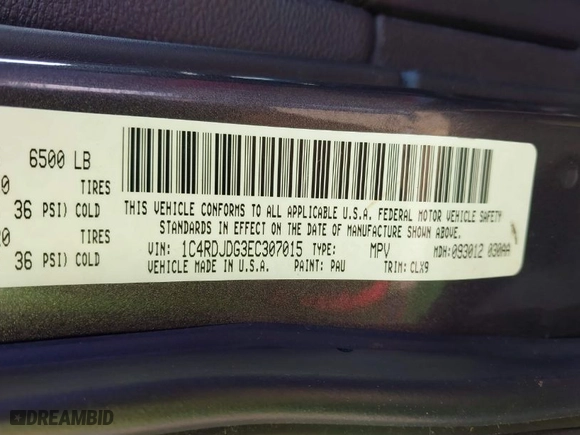 2014 Dodge Durango Limited with VIN 1C4RDJDG3EC307015, listed as a IAAI auction lot 41844798 with 206,252 mi miles. Bid and sale history available at carsss.com. Image 9.