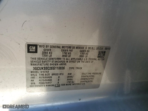 2014 Chevrolet Silverado 1500 LTZ with VIN 3GCUKSEC2EG110836, listed as a Copart auction lot 88346015 with 167,851 mi miles and Salvage Title. Bid and sale history available at carsss.com. Image 12.