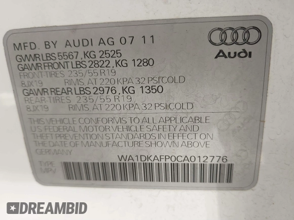 2012 Audi Q5 3.2L Premium Plus with VIN WA1DKAFP0CA012776, listed as a IAAI auction lot 41659580 with 273,447 mi miles. Bid and sale history available at carsss.com. Image 9.
