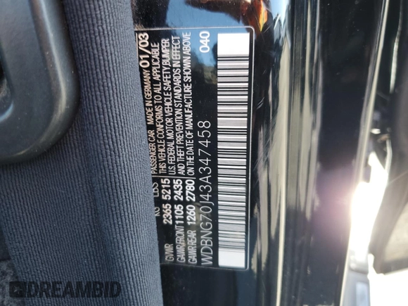 2003 Mercedes-Benz S 430 with VIN WDBNG70J43A347458, listed as a Copart auction lot 56427355 with Not provided miles and Clean title. Bid and sale history available at DreamBid. Image 12.