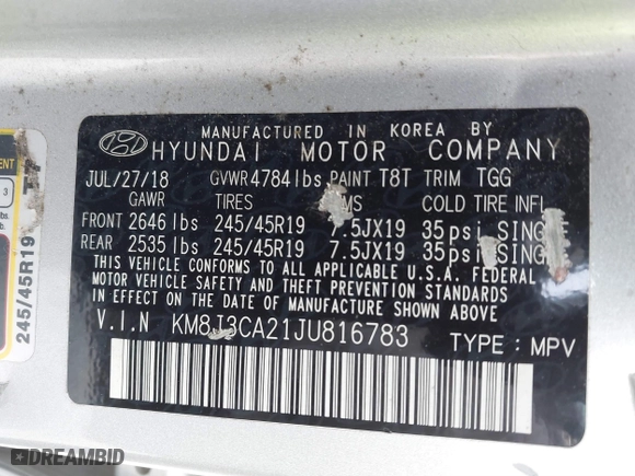2018 Hyundai Tucson Value with VIN KM8J3CA21JU816783, listed as a IAAI auction lot 41716795 with 84,580 mi miles. Bid and sale history available at carsss.com. Image 9.